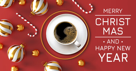 coffee love concept. Christmas and happy new year decorations with a hot coffee, golden silver ball and golden star on red background. 3d illustration