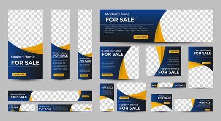 Real Estate banner design web template Set, Horizontal header web banner. Modern Gradient Blue cover header background for website design, Social Media Cover ads banner, flyer, invitation card