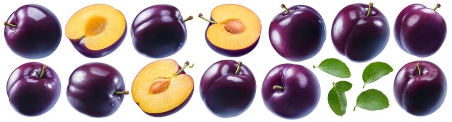 Fresh plum set isolated on white background. Package design elements with clipping path
