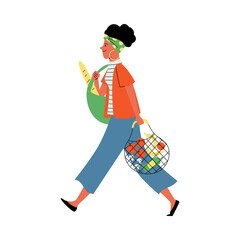 Woman carrying organic vegetables in eco bag, flat vector illustration isolated.