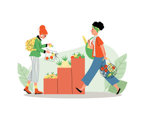 People putting gorocery into eco bags, flat vector illustration isolated.