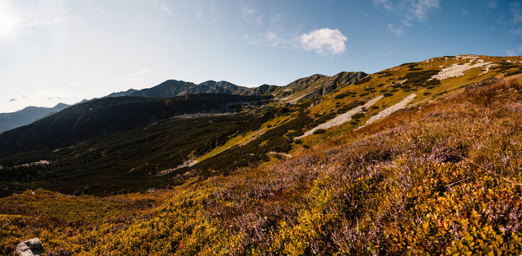 Hiking to salatin and brestova peak from zuberec. Western Tatras mountains, Rohace Slovakia. Hiker with backpack rises to the mountains. Slovakia mountains landscape. Panorama