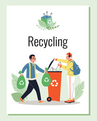 Recycling poster with people sort waste for recycle, flat vector illustration.