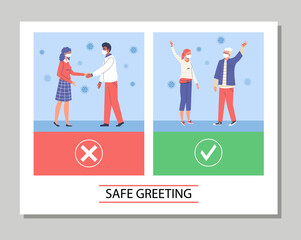 Safe contactless greeting infographics or banners, flat vector illustration.