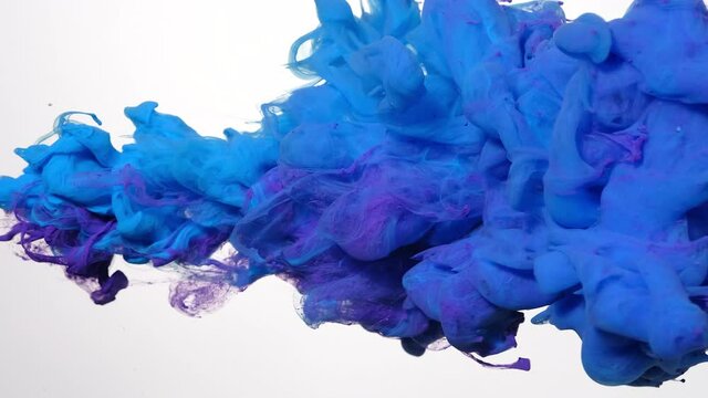 Blue and purple watercolor ink mixed in water on a white background. Awesome abstract background. Screensaver, relaxing meditative background. Slow motion of colored watercolors in water.
