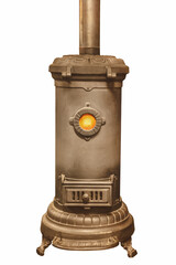 Ancient burning black stove isolated on white