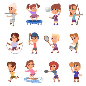 Different sport kids. Sports gym activities, child doing exercise. Young fit characters, school children play basketball tennis soccer decent vector set