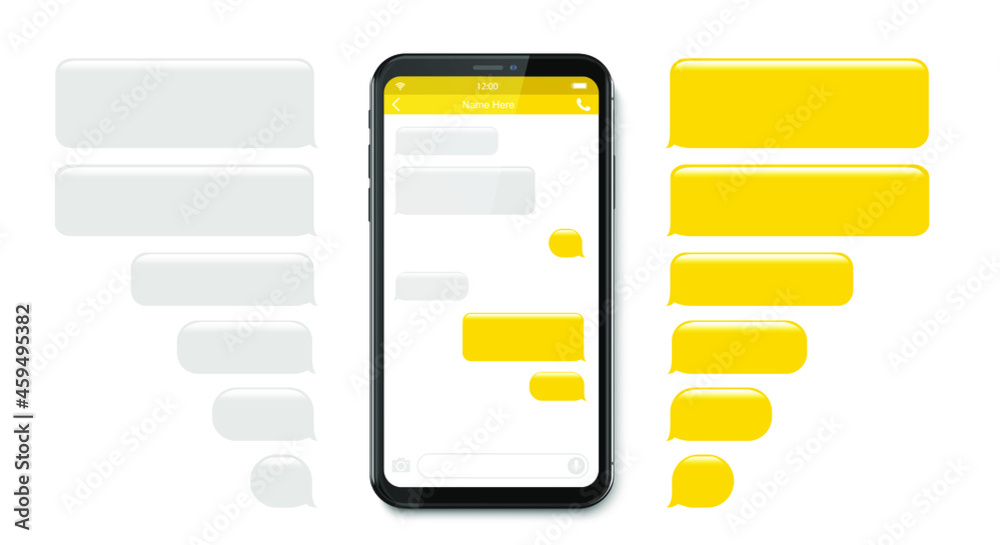 Poster smartphone, chatting sms app template bubbles. place your own text to the message clouds. social net