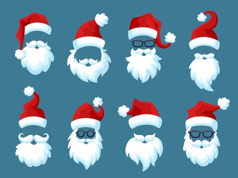 Santa hats with white beards. Red hat, christmas man costume. Beard and mustache, new year caps. Xmas face photo stickers garish vector set