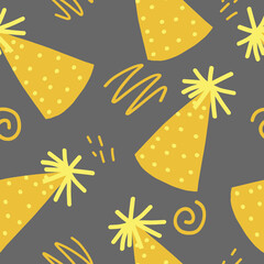 party hat and doodles seamless pattern. vector hand drawn. wallpaper, wrapping paper, textiles. birthday, new year, holiday, trendy colors 2021, yellow, gold.