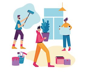 Home renovation concept. People paint the wall, check the plan, and move furniture. Vector illustration.