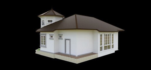Old house in Victorian style. Illustration on black background. Species from different sides. 3d rendering.