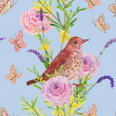 cute texture with wild little bird, twigs of lavender and mimosa, roses, flying brown butterflies on blue paper background. watercolor painting