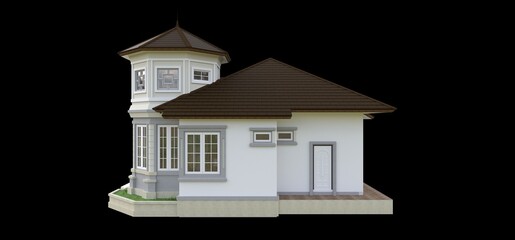 Old house in Victorian style. Illustration on black background. Species from different sides. 3d rendering.