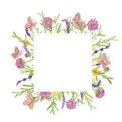 rural floral frame with meadow flowers and flying butterflies. watercolor painting