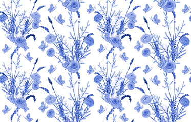 monochrome blue texture with floral bouquets of lavenders, mimosas and roses, flying butterflies on white background. watercolor painting