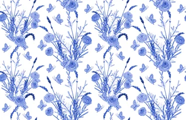 Deurstickers Blauw wit zwart-wit blauwe textuur met bloemenboeketten van lavendel, mimosa& 39 s en rozen, vliegende vlinders op witte achtergrond. aquarel schilderen