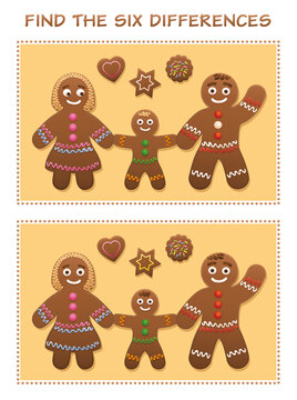 Find the six differences. Gingerbread family and cookies - cute and sweet christmas puzzle fun. Vector illustration.

