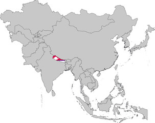 Map of Nepal with national flag on Gray map of Asia