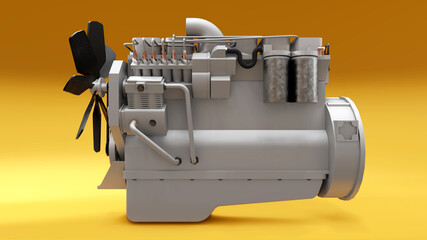 A big diesel engine with the truck depicted. 3d rendering.