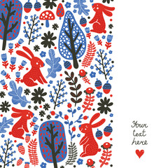 Naklejka premium Cute postcard with bunnies. A magical forest. Scandinavian style.