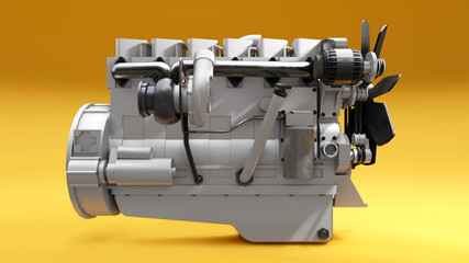 A big diesel engine with the truck depicted. 3d rendering.