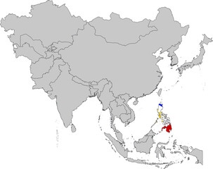 Map of Philippines with national flag on Gray map of Asia