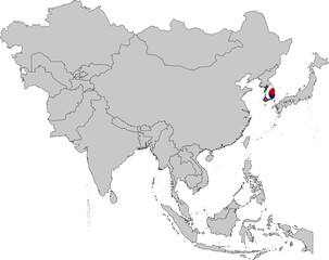 Map of South Korea with national flag on Gray map of Asia