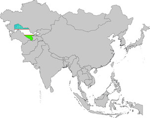 Obraz premium Map of Uzbekistan with national flag on Gray map of Asia
