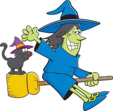 Cartoon illustration of a witch riding a broom with a cat while she is waving.