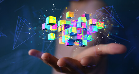 Augmented Analytics Data cloud storage network from lines, triangles and particle style design. Illustration