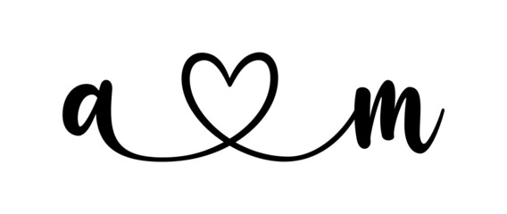 am, ma, letters with heart Monogram, monogram wedding logo. Love icon, couples Initials, lower case, connecting HEART, home decor,