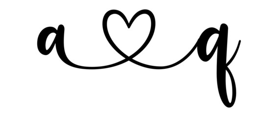 aq, qa, letters with heart Monogram, monogram wedding logo. Love icon, couples Initials, lower case, connecting HEART, home decor,