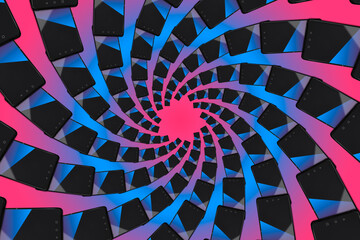 Smartphones forming an abstract shape on a pink-blue background
