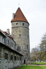 Fototapeta na wymiar Guard towers on the old city walls in the Old Town, Tallinn, Estonia