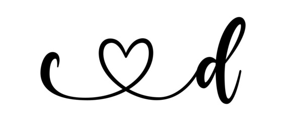 cd, dc, letters with heart Monogram, monogram wedding logo. Love icon, couples Initials, lower case, connecting HEART, home decor,