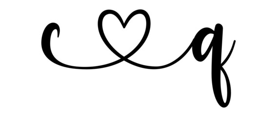cq, qc, letters with heart Monogram, monogram wedding logo. Love icon, couples Initials, lower case, connecting HEART, home decor,