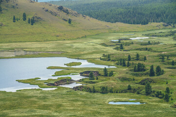 Beautiful green mountain scenery with lake system on tableland. Scenic alpine landscape with lakes...