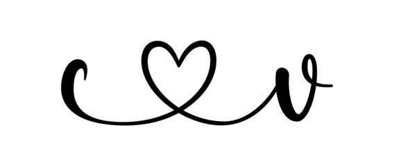 cv, vc, letters with heart Monogram, monogram wedding logo. Love icon, couples Initials, lower case, connecting HEART, home decor,