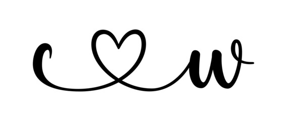 cw, wc, letters with heart Monogram, monogram wedding logo. Love icon, couples Initials, lower case, connecting HEART, home decor,