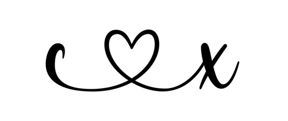 cx, xc, letters with heart Monogram, monogram wedding logo. Love icon, couples Initials, lower case, connecting HEART, home decor,