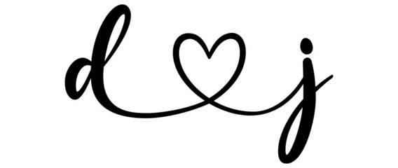 dj, jd, letters with heart Monogram, monogram wedding logo. Love icon, couples Initials, lower case, connecting HEART, home decor,