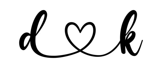 dk, kd, letters with heart Monogram, monogram wedding logo. Love icon, couples Initials, lower case, connecting HEART, home decor,