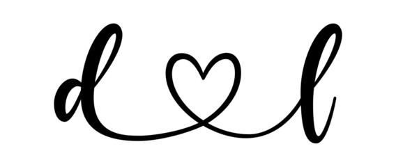 dl, ld, letters with heart Monogram, monogram wedding logo. Love icon, couples Initials, lower case, connecting HEART, home decor,