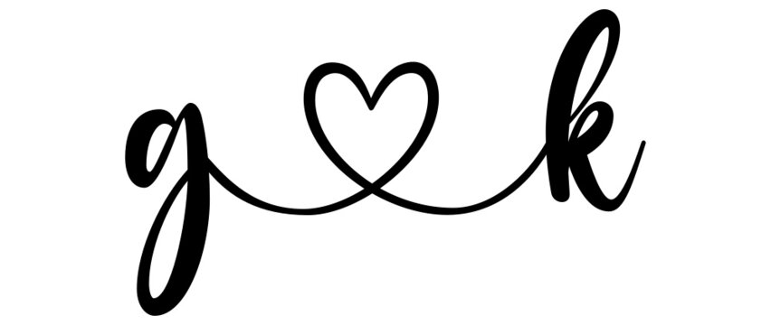 gk, kg, letters with heart Monogram, monogram wedding logo. Love icon, couples Initials, lower case, connecting HEART, home decor,