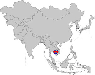 Map of Cambodia with national flag on Gray map of Asia