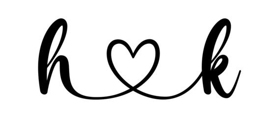 hk, kh, letters with heart Monogram, monogram wedding logo. Love icon, couples Initials, lower case, connecting HEART, home decor,