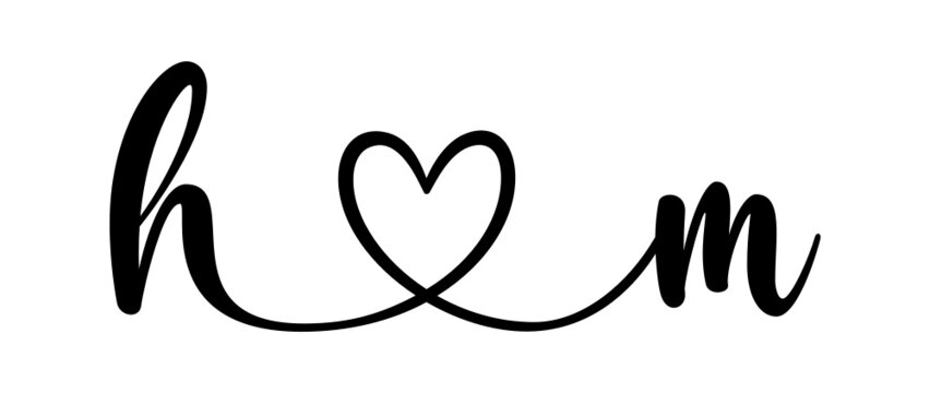 hm, mh, letters with heart Monogram, monogram wedding logo. Love icon, couples Initials, lower case, connecting HEART, home decor,