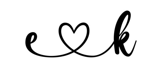 ek, ke, letters with heart Monogram, monogram wedding logo. Love icon, couples Initials, lower case, connecting HEART, home decor,