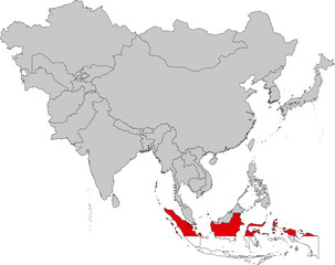 Map of Indonesia with national flag on Gray map of Asia